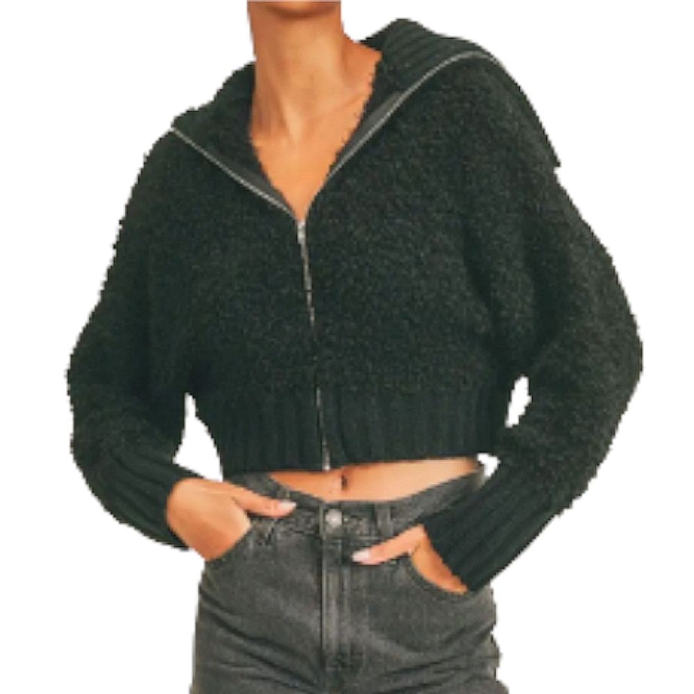 Sage The Label Hillary Black Crop Chunky Zip Up Sweater Cape Collar Size Large
